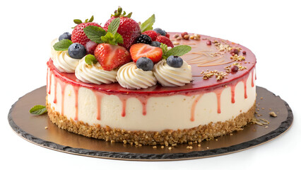A delicious, freshly baked birthday cake with elegant toppings, perfectly isolated on a white background for food photography.