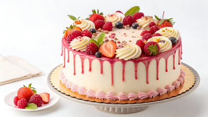 A delicious, freshly baked birthday cake with elegant toppings, perfectly isolated on a white background for food photography.