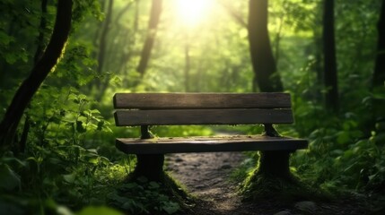 Wooden bench forest sunset glow concept. A serene wooden bench nestled in a lush forest, illuminated by soft sunlight filtering through the trees.