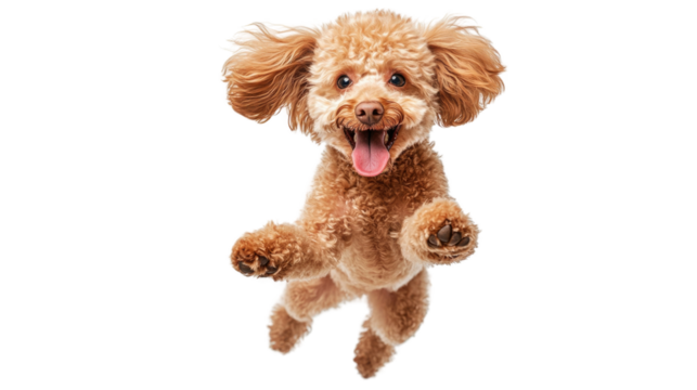 Happy poodle jumps joyfully against a bright white background, showcasing playful energy and excitement during a fun moment