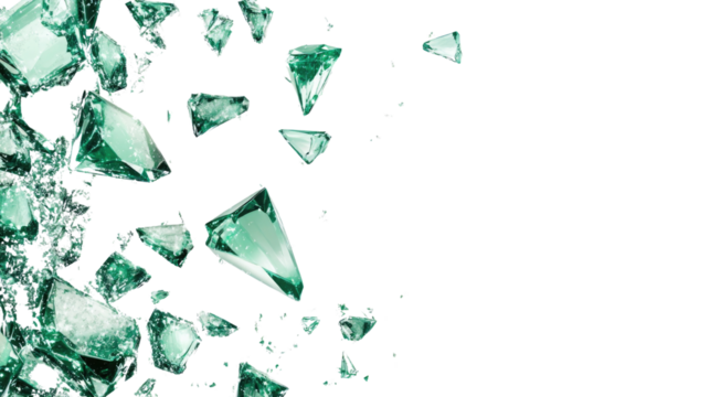 Shattered green glass fragments scattered on a white background - Powered by Adobe