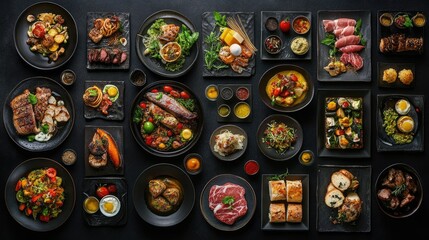 Photo collage. Different healthy main courses, meat and fish dishes, pasta, salads, sauces, bread and vegetables on a dark background. Top view.