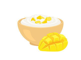 Yogurt with mango in bowl isolated on white background. Vector cartoon illustration. Healthy food icon.