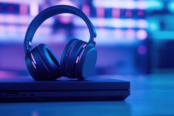 dimly lit room showcases close-up shot of headphones resting atop gaming console illuminated by ambient rgb lighting