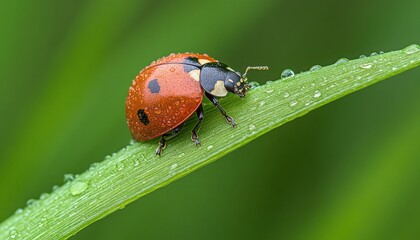 Red Ladybug on Dewy Green Grass Blade