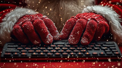 Santa Claus's hands type on a wireless keyboard, symbolizing modern technology at Christmas.