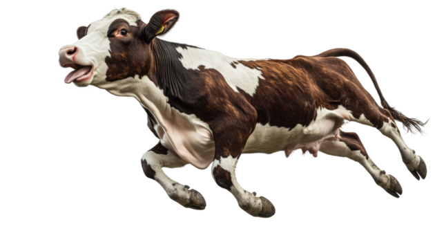 Cow running energetically on a farm during a sunny day