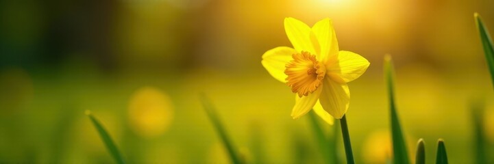 Bright yellow daffodil, shallow depth of field, sunlit meadow, happy, festive