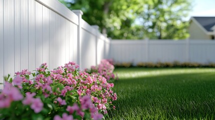 3D rendering close-up of a white vinyl fence in the backyard with green grass and pink flowers.