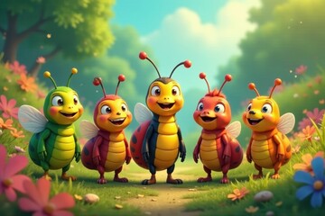 Obraz premium Cheerful cartoon insect friends on a vibrant background, endless repeat , vector, design, surface