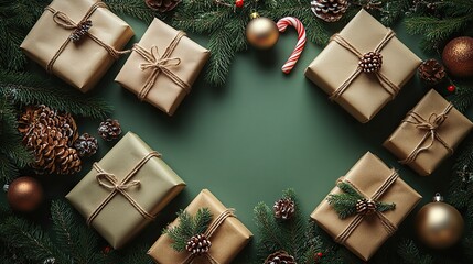 Santa's workshop magic A top view of craft paper presents, wrapping materials, ornaments, candy canes, mistletoe, and wintry twigs on a soft green surface with a frame for text or advertising.