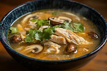 A nourishing chicken and mushroom soup with fresh herbs, served in a blue patterned bowl, a comforting and healthy meal for a cold day.