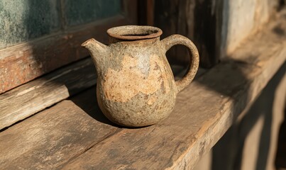 Rustic Stoneware Teapot on Weathered Wooden Surface in Sunlight
