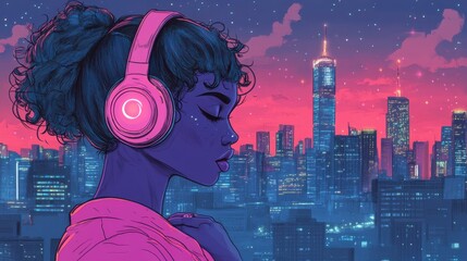 Vibrant urban portrait of a woman with headphones against a colorful city skyline at sunset, showcasing modern lifestyle and music culture, copy space for text
