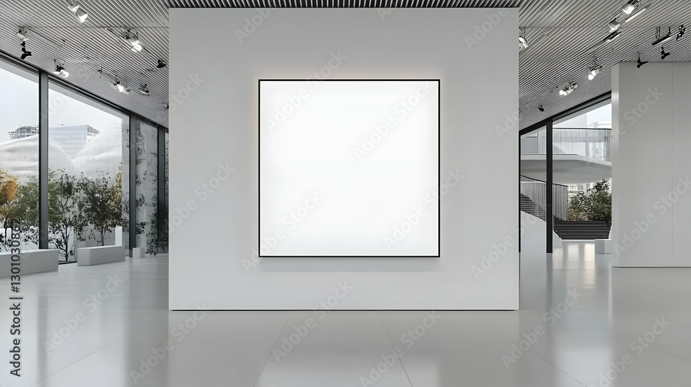 Poster minimalist art gallery interior with blank canvas on display