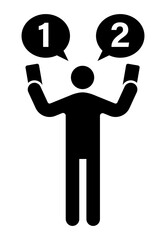 Fototapeta premium icon of a person holding two mobile phones with speech bubbles containing numbers 