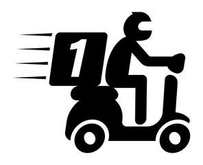 line icon delivery person riding a scooter with a package on the back, symbolizing fast food delivery or courier service.