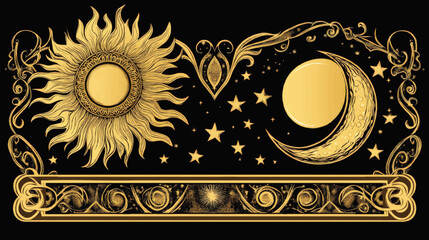 Elegant Sun and Moon Vector Illustration with Stars and Ornate Designs in Golden Tones on Black Background for Celestial Art, Astrology, and Decorative Use