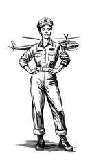 Vector engraved illustration featuring a female pilot standing confidently in front of a helicopter in a military setting