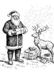 Fototapeta premium Santa Claus with reindeer and gifts in a snowy scene for festive product design