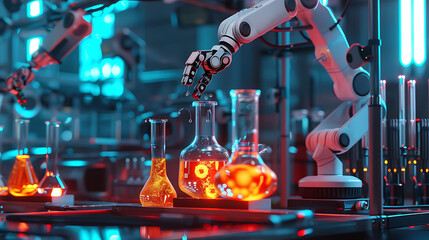 A futuristic laboratory with robotic arms conducting experiments on glowing chemical solutions in beakers, captured in ultra-high detail in