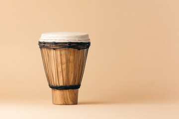 classic wooden djembe drum standing upright on solid-colored backdrop evoking rhythm and sound