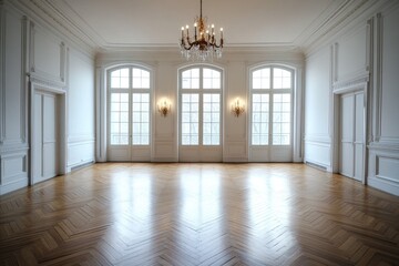 Fototapeta premium Elegant empty room with large windows, chandelier, and hardwood floors.