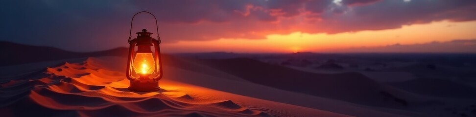 Desert lantern casts warm glow on sandy dunes at dusk, warm, lantern