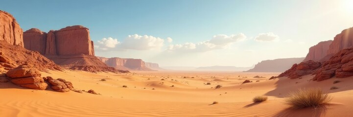 Desert landscape with vast sandy dunes and rocky outcroppings, barren wasteland, desert, rock formations