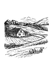 Detailed engraved illustration of a pastoral landscape with a farmhouse and grazing cows in rural setting