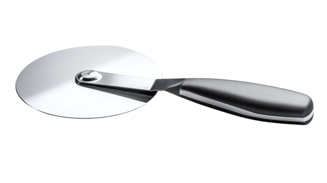 High-resolution pizza cutter isolated on transparent background for culinary tools, food preparation concepts, and modern kitchen design projects featuring sharp stainless steel blade.