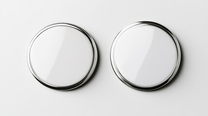 White round pin button badge mockup isolated on a white background, front and back view. illustration of a blank white circular badge with a metal frame for a design template