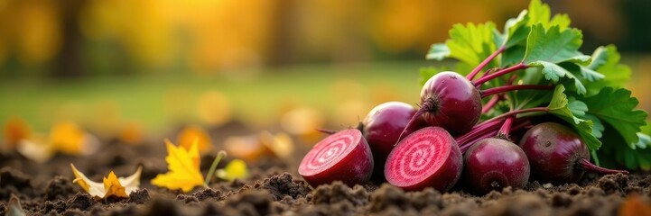 Detail shot of stacked sugar beets against a backdrop of autumn foliage, agriculture, earthy tones, crops