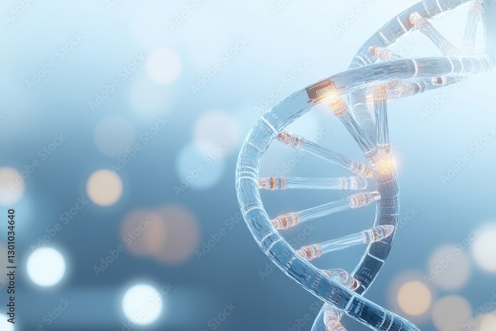Aufkleber futuristic macro shot of translucent dna helix model entwined with microchip elements set against ge