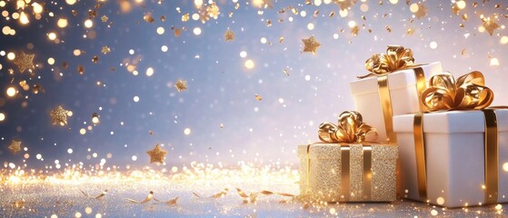 Luxurious gift background with elegant wrapped presents and sparkling decoration for celebrations or special occasions