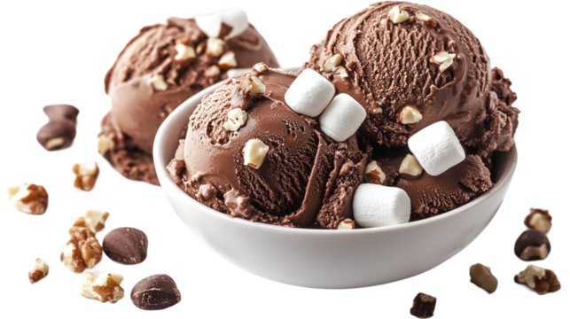 Rocky road ice cream png with transparent background delicious chocolate ice cream with marshmallows and nuts for digital designs, menus, and promotional materials.