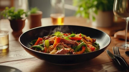 Asian style stir fried vegetables, roast beef and chow mein noodles on wooden table