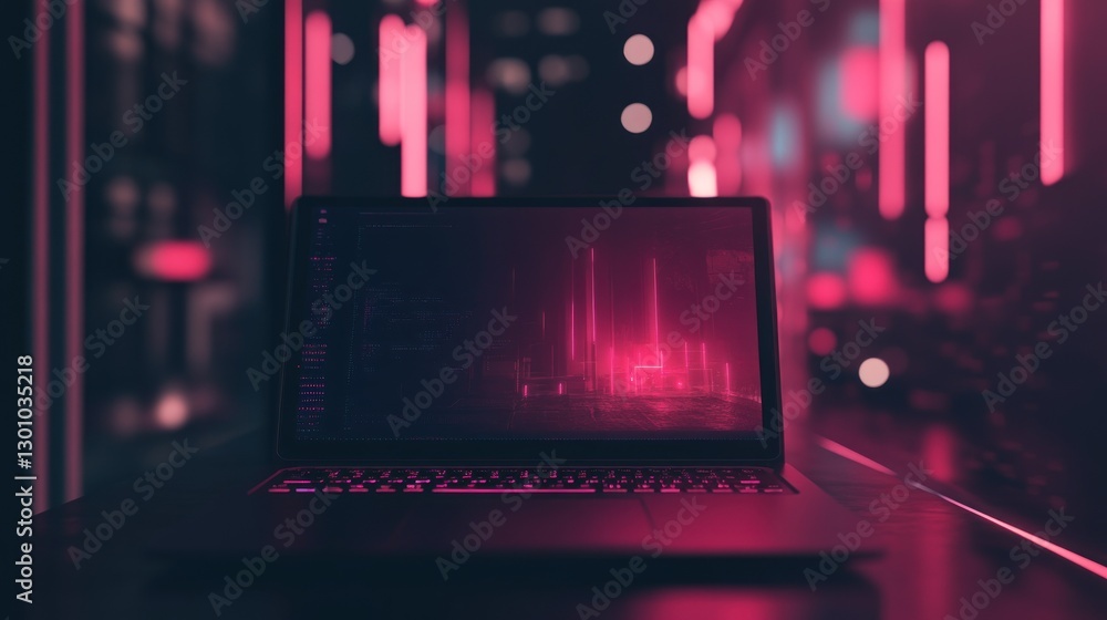 Poster laptop screen displaying code with neon cityscape reflection and dark aesthetic