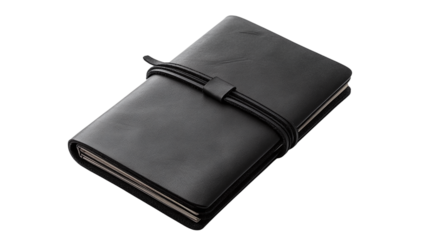 Traveler's notebook with black leather cover on transparent background, perfect for digital and print design projects, featuring high-quality png format for seamless integration into creative works.