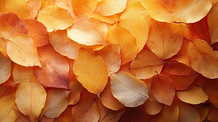 Scattered dried brown and orange fall leaves texture banner background. Colors of gold autumn, seasonal decoration, simple holiday design, flat lay.