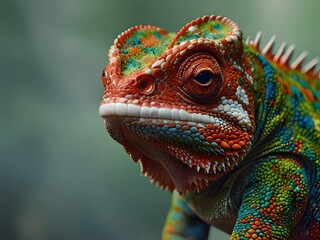 A close-up shot of a chameleon&rsquo;s face, revealing its intricate textures, vibrant colors, and striking eye details. The image highlights the reptile's unique appearance and incredible adaptability.

