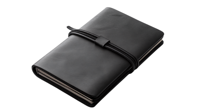 Traveler's notebook with black leather cover on transparent background, perfect for digital and print design projects, featuring high-quality png format for seamless integration into creative works.