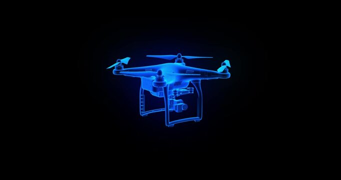 Illustration of Blue holographic projection continuously rotating drone on a black background
