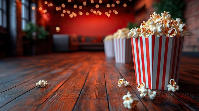 Scattered popcorn from striped boxes on a vivid red background symbolizes a fun movie night experience or celebration.