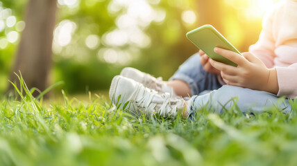 child sitting on green grass, using smartphone in sunny park. scene conveys sense of relaxation and engagement with technology in nature