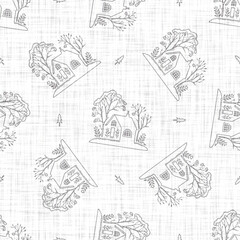 Obraz premium White neutral minimal house motif with linen effect texture for baby nursery seamless background. Modern muted simple soft pattern for wallpaper, home decor, white grey design. 