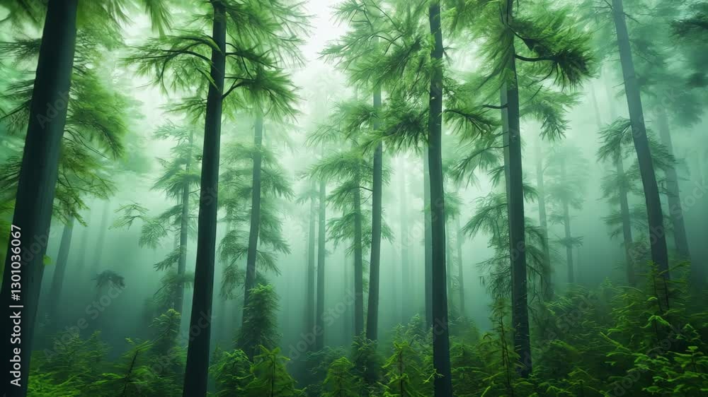 Poster mysterious enchanted foggy forest with tall trees creating a mystical atmosphere during early mornin