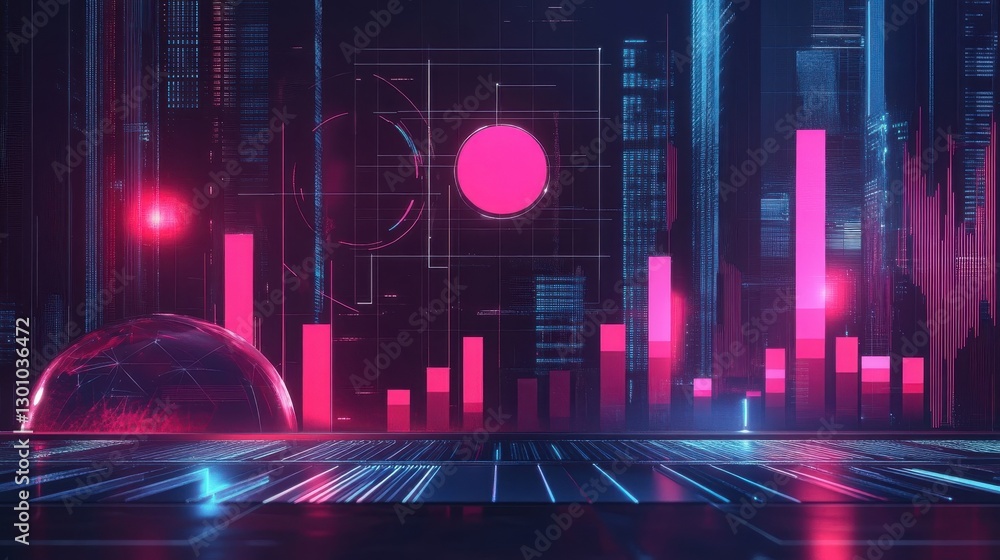 Poster digital abstract visualization displaying glowing charts and data analysis presentation