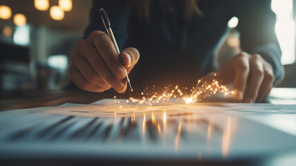 person writing on paper with pen, creating spark effect, symbolizing creativity and ideas. scene is warm and inviting, suggesting inspiration and innovation