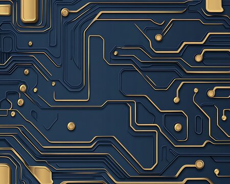 Blue and gold circuit board design, technology background